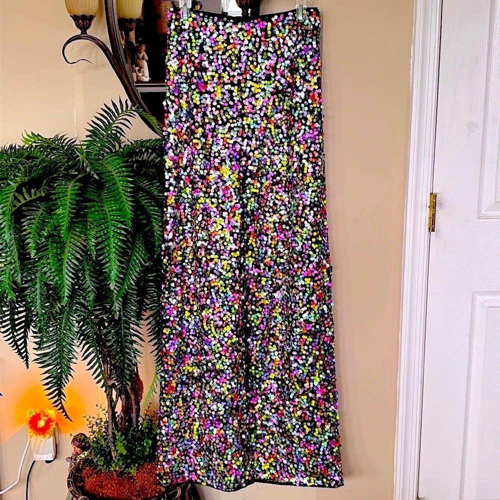 NWOT Nasty Gal Rainbow Sequin High Waist Wide Leg Flare Pants NYE Party Club - Picture 3 of 16